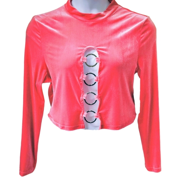 SHEIN CURV High Neck LongSleeve Cropped Pink Velvet Front Embellished O-Ring Top - Picture 13 of 14
